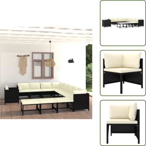 Cojines sintéticos - vidaXL Set de muebles de jardín 12 pzas cojines ratán sintético negro - Muebles de jardín modulares