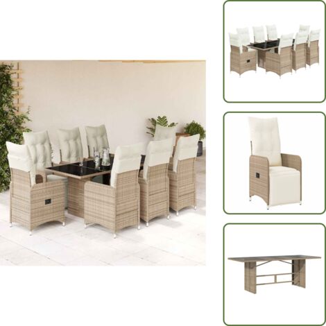 Cojines - vidaXL Set de mesa y sillas jardín 9 piezas y cojines ratán PE marrón - Ratán sintético