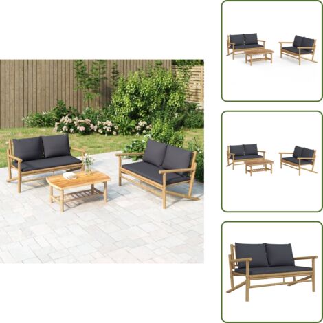 Cojines - vidaXL Set de muebles de jardín 3 piezas bambú con cojines gris oscuro - Muebles modulares
