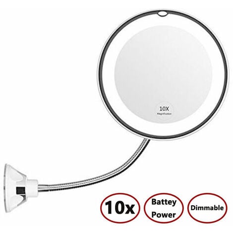 Col de cygne flexible 10x grossissant miroir de maquillage éclairé par LED, miroir de courtoisie à grossissement de salle de bain avec ventouse, pivot à 360 degrés, lumière du jour, à piles, sans fil