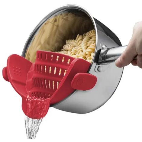 Colador de cocina de silicona con clip, escurridor, cuenco, embudo, colador para lavar arroz, pasta y verduras, para drenar el exceso de líquido, universal, rojo.