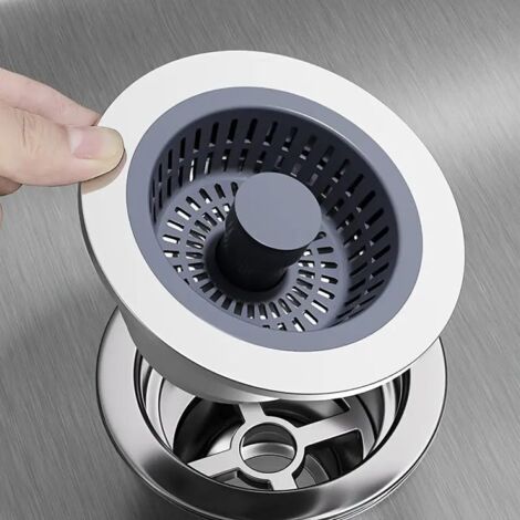 Colador de fregadero 3 en 1 con tapón de botón, cesta filtrante de acero inoxidable antiobstrucción, color plata.