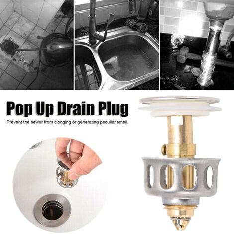 Colador de fregadero Bounce de acero inoxidable de 2 piezas, tipo emergente, 3 cm, tapón de drenaje antidesbordamiento.