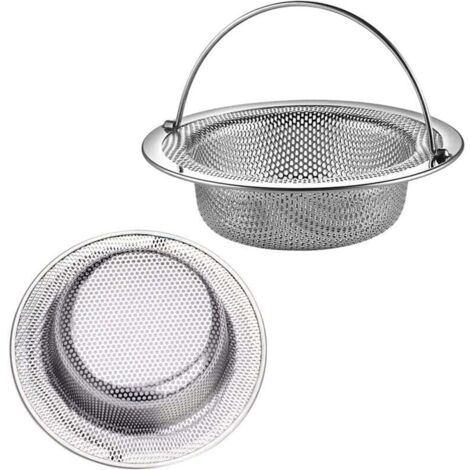 Colador de fregadero de cocina, 2 piezas con mango de acero inoxidable, rejilla, tapón, filtro antiobstrucción para fregadero de cocina/baño (11 cm de diámetro)