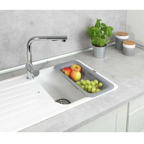 Colador de fregadero Sivo, práctico colador de plástico para lavar frutas y verduras, extensible hasta 50 cm para un trabajo higiénico en la cocina, sin BPA, gris claro.
