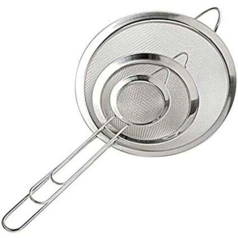 Colador de malla fina con asa - 3 piezas (7/12/18 cm) para escurrir fideos, arroz, verduras y claras de huevo.