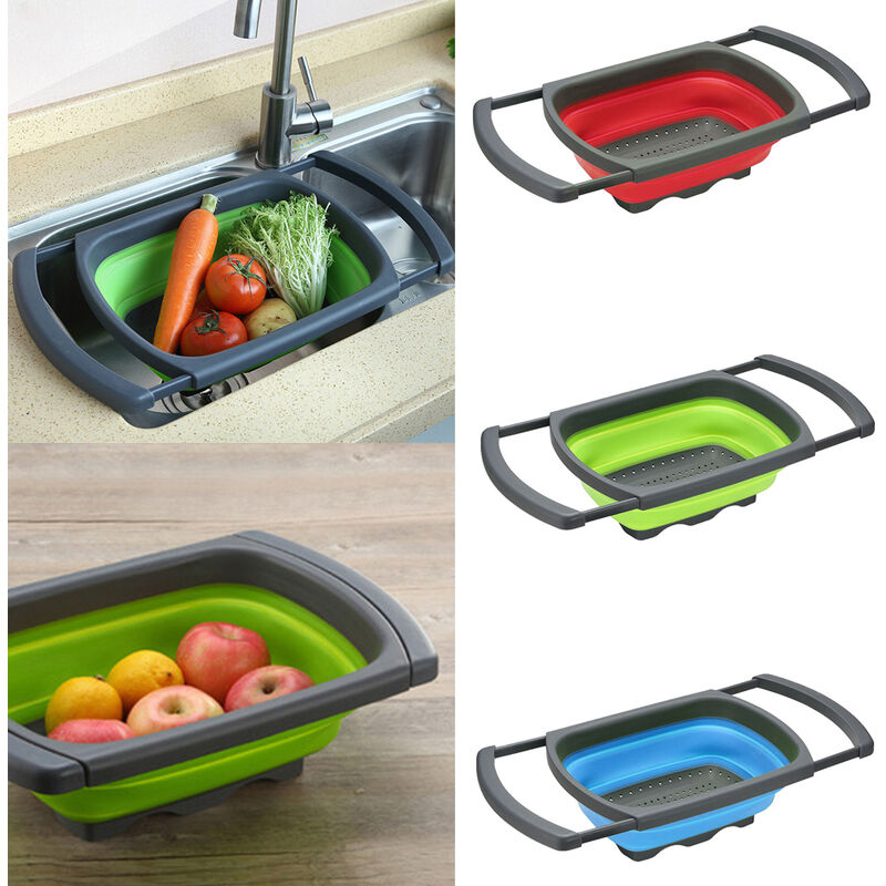 

Colador plegable sobre el fregadero Colador plegable de cesta de drenaje de lavado de frutas y verduras con asas extensibles, Azul