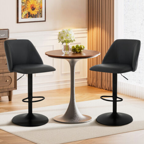 COLAMY Adjustable and Swivel Bar Stools (Set of 2) - Padded faux leather bar chairs with half-circle backrest, for dining room or kitchen, black