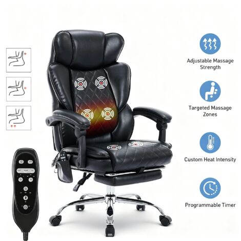 Colamy – Chaise de bureau ergonomique avec massage 6 points – Chauffage lombaire 3 niveaux – Inclinaison réglable 94-125° – Cuir PU noir