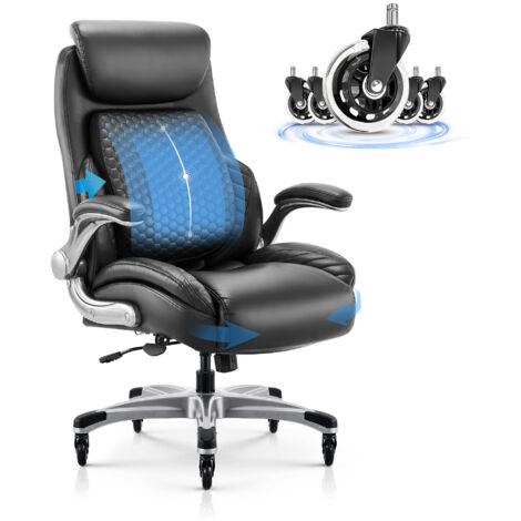 COLAMY Ergonomischer Bürostuhl – Bürostuhl mit einziehbarer Lendenstütze, verbesserten Rollen, verstellbarer Kopfstütze und Armlehnen, schwarzem Leder, dickem Sitzkissen – Schwarz