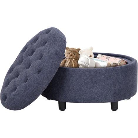 COLAMY Runder Pouf aus Stoff mit Wendedeckel – 2-in-1 Fußhocker und Aufbewahrungsbox, Stabiler & Eleganter Hocker, Beistelltisch für Wohnzimmer, Schlafzimmer oder Flur – Blau