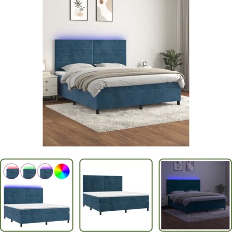 Colchón con LED -  Cama box spring colchón y LED terciopelo azul oscuro 180x200 cm