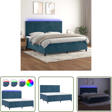 Colchón con LED -  Cama box spring colchón y LED terciopelo azul oscuro 200x200 cm