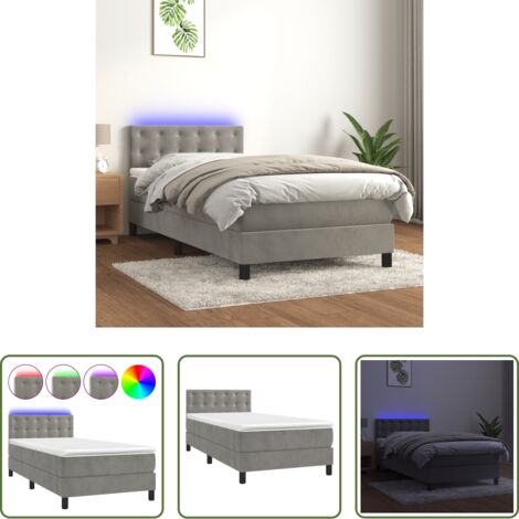 Colchón con LED -  Cama box spring colchón y LED terciopelo gris claro 100x200 cm