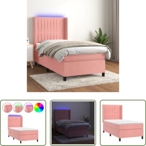Colchón con LED -  Cama box spring colchón y LED terciopelo rosa 90x200 cm