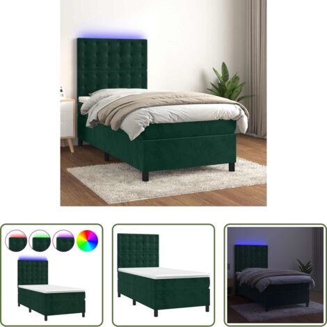 Colchón con LED -  Cama box spring colchón y LED terciopelo verde oscuro 100x200cm