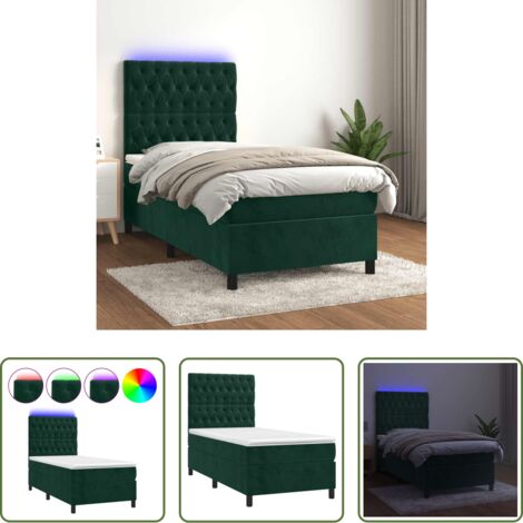 Colchón con LED -  Cama box spring colchón y LED terciopelo verde oscuro 80x200 cm