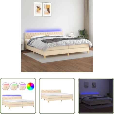 Colchón con LED -  Cama box spring con colchón y LED tela crema 200x200 cm
