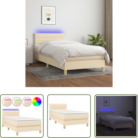 Colchón con LED -  Cama box spring con colchón y LED tela crema 80x200 cm