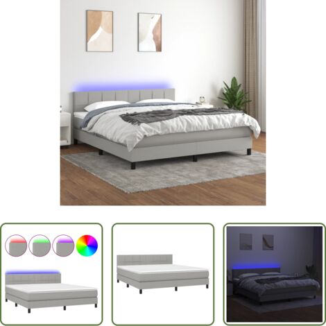 Colchón con luces LED -  Cama box spring colchón y luces LED tela gris claro 180x200 cm