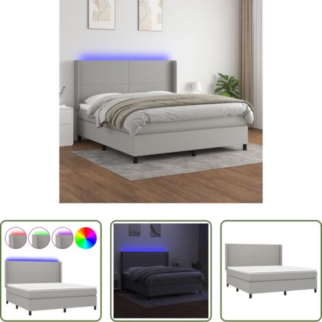 Colchón con luces LED -  Cama box spring colchón y luces LED tela gris claro 180x200 cm