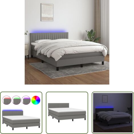 Colchón con luces LED -  Cama box spring colchón y luces LED tela gris oscuro 140x190 cm