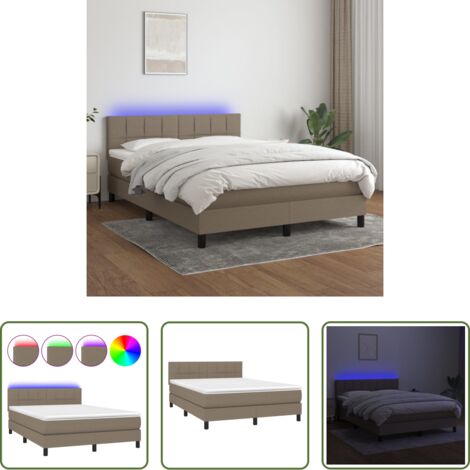 Colchón con luces LED -  Cama box spring colchón y luces LED tela gris taupe 140x200 cm