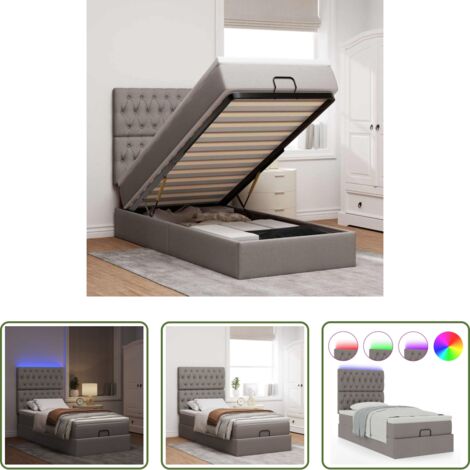Colchón con luces LED -  Cama otomana con colchón y luces LED tela gris taupé 90x200 cm