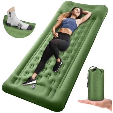 Colchón de camping autoinflable y aislante de 11 cm con bomba de pie, ultraligero e impermeable, ideal para mochilerismo, actividades al aire libre, camping, viajes y playa (verde).