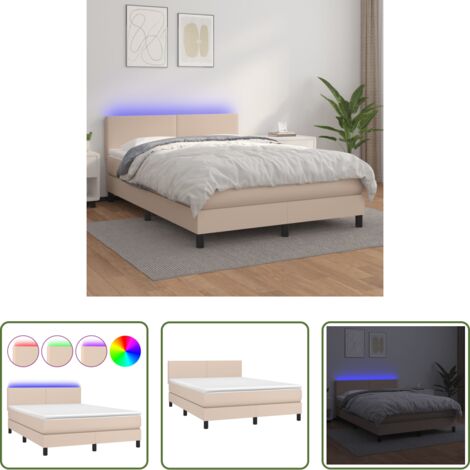 Colchón LED -  Cama box spring colchón LED cuero sintético capuchino 140x190cm