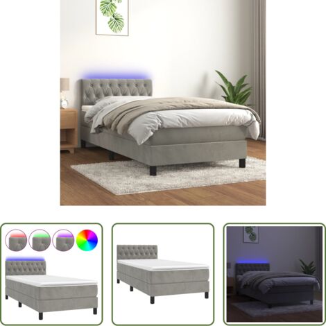 Colchón LED -  Cama box spring colchón y LED terciopelo gris claro 90x200 cm
