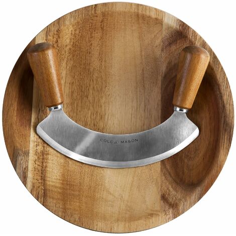 Cole & Mason H722130 Ashden Tagliere e Coltello Mezzaluna  Legno di Acacia/Acciaio Inossidabile  Per Tritare Erbe Aromatiche, Aglio, Noci  Non Adatto per Lavastoviglie  2 Anni di Garanzia