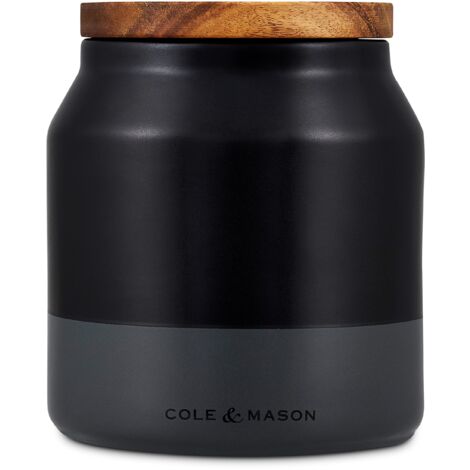 Cole & Mason H822137 Hinxton Barattoli di Cucina, Ceramica, Acacia, Nero, Grigio, 125mm x 110mm, Barattolo Organizer Cucina con Coperchio Ermetico in Acacia