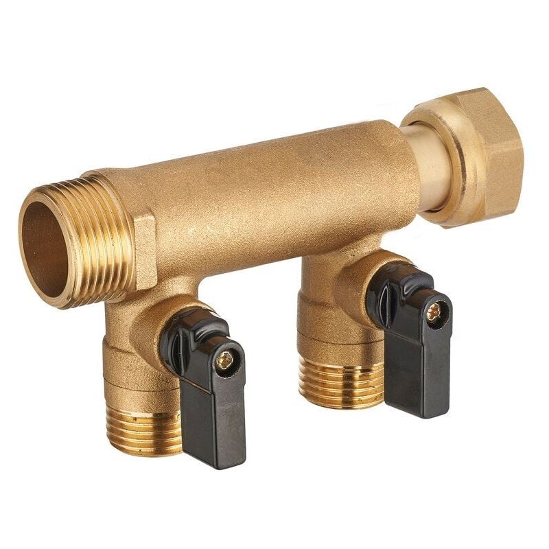 Collecteur à écrou libre m/f 20x27, 2 départs + vannes M15x21 - Quick Plomberie