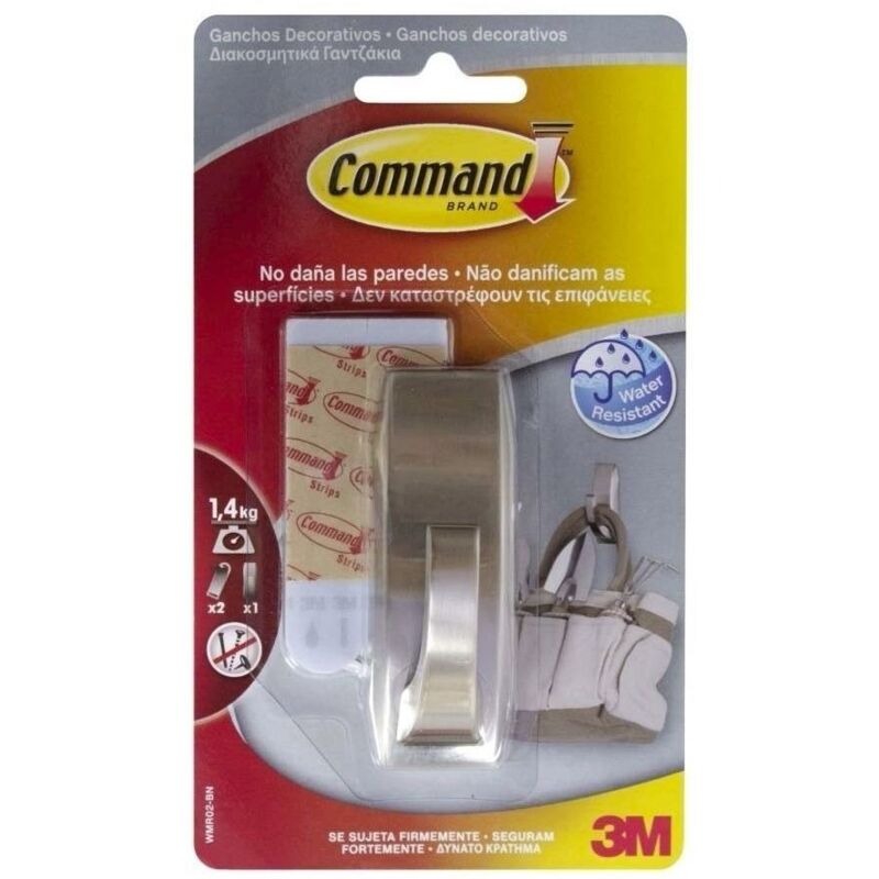 Command - Gancho metálico con reflejos modernos, mediano, níquel satinado, 1 ud + 2 tiras, carga máx 1,3 kg