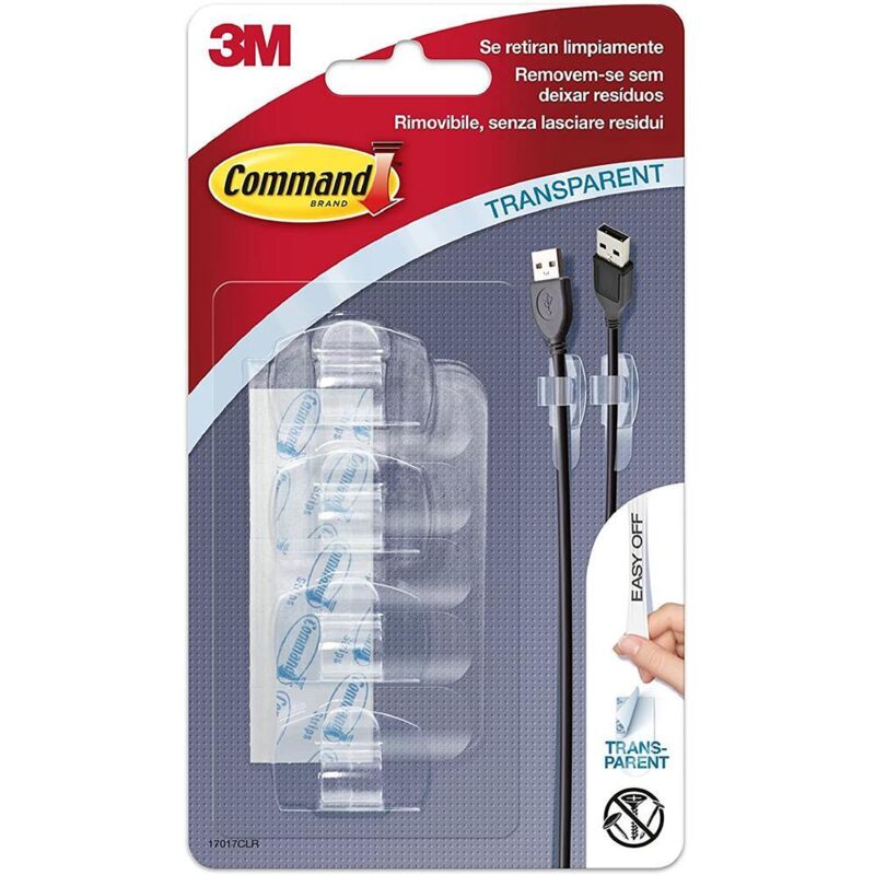 3M - Clips redondos para cables, tranparentes, 19 x 32 x 13 mm, 4 uds + 5 tiras, 17017clr
