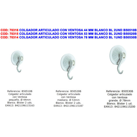 Colgador articulado con ventosa 78mm blanco BRINOX 1 unidad