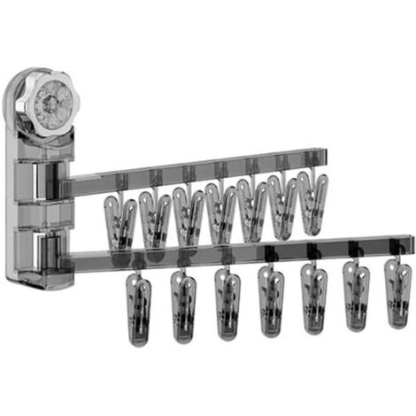 Colgador de calcetines plegable de pared con múltiples clips, rotación de 180 grados, ventosa, transparente, 30 x 5 x 17 cm, gris.