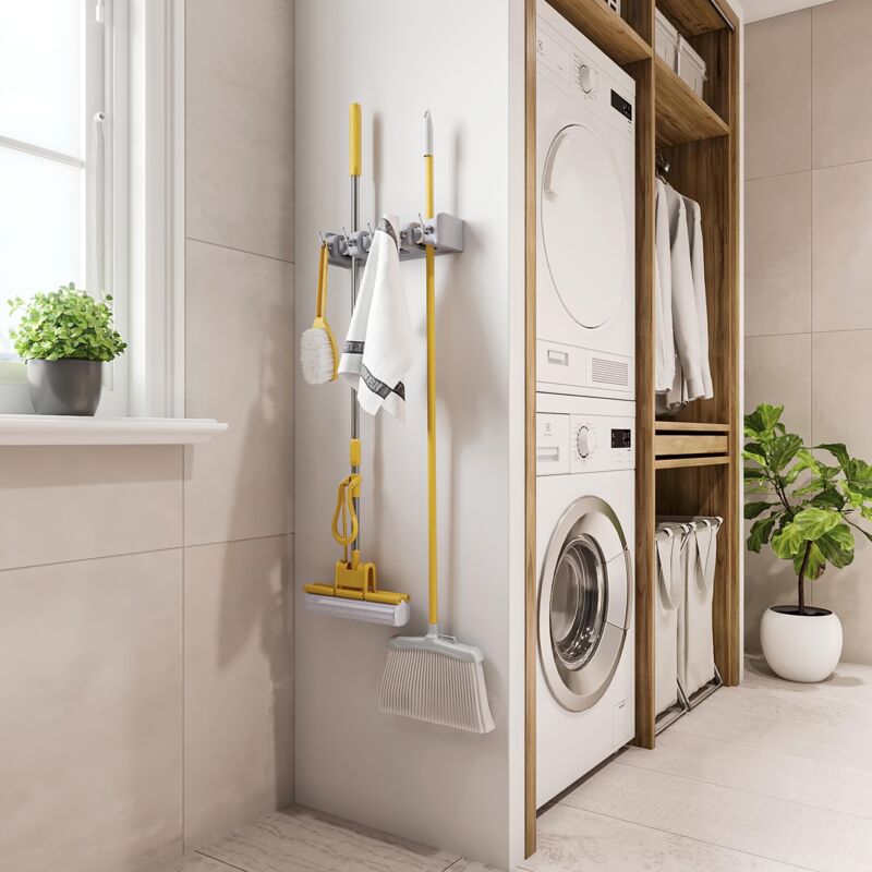 Emuca - Colgador de escobas y fregonas, con 5 ganchos y 4 huecos, Plástico, Gris