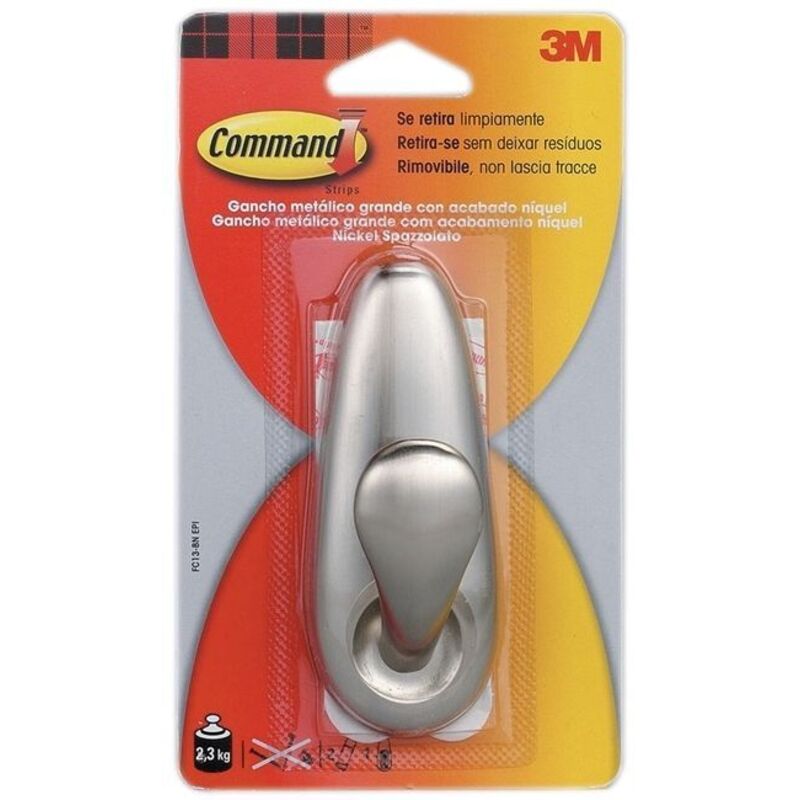 3M - Gancho metálico, grande, níquel pulido, 1 ud + 2 tiras, máx 2,2 kg