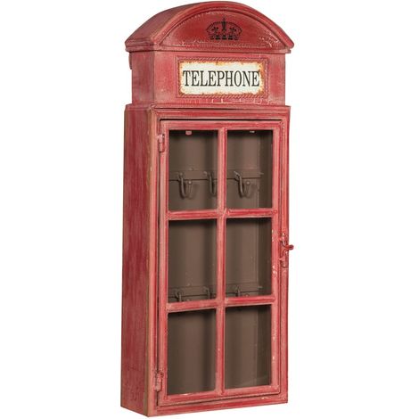 Colgador para llaves en forma de cabina telefónica de hierro, acabado en rojo envejecido (cm: 24 x 10 x 59)