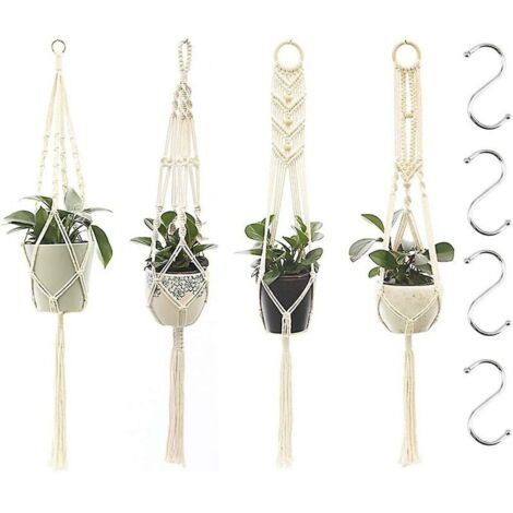 Colgadores de macramé para plantas, paquete de 4, cestas de macramé con 4 ganchos para colgar, colgadores de macramé tejidos a mano para decoración de jardín interior.