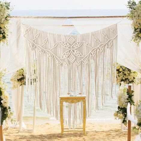 Colgante de pared de macramé, tapiz tejido, arte tejido moderno y elegante, decoración del hogar hecha a mano, decoración de pared con cuentas para boda, dormitorio, sala de estar (100 x 96 cm)