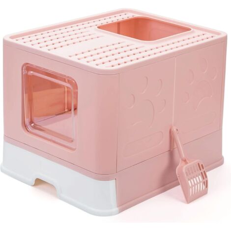 Collapsible Cat Litter Box, Large Cat Toilet House with Lid, Drawer Portable Tray and Litter Scoop (51 x 41 x 38cm Pink) Pink