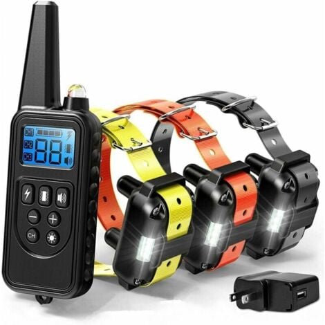 PHASAT Collar de adiestramiento para perros de 800 metros, collar para perros de adiestramiento remoto impermeable con 99 niveles de impacto y vibración y luz LED, recargable (3 receptores)