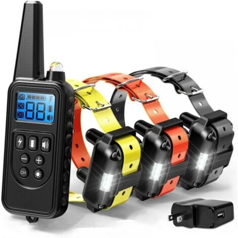 CYSLMUK Collar de adiestramiento para perros de 800 metros, resistente al agua, con control remoto, 99 niveles de vibración y descarga eléctrica y luz LED, recargable (3 receptores)