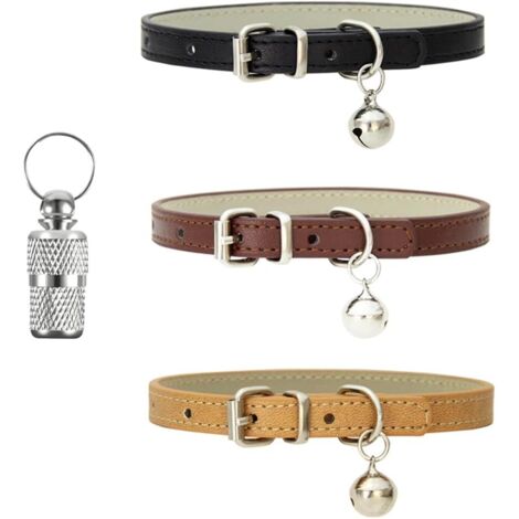 Collar de cuero para gato de 3 piezas - Collar ajustable para gato con hebilla de metal y cascabel