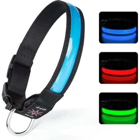Collar de luz para perro recargable por USB, collar de perro LED ajustable con 3 modos de luz para perros pequeños, medianos y grandes que caminan de forma segura por la noche - Azul - L