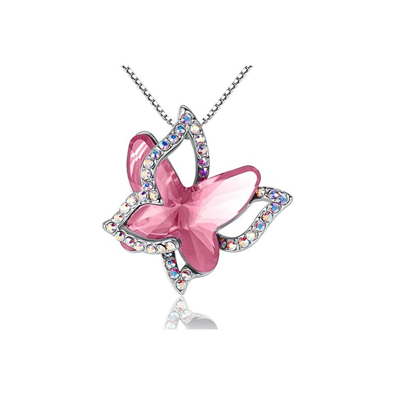 

Collar de Mariposa de Cristal con Cadena Premium en Tono Plateado con Piedra de Nacimiento Rosa