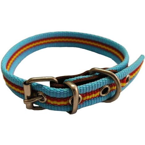 Collar de Perro Bandera de España de algodón en color azul 25 cm. Resistente a tirones y climatología.  Collar de perro bandera de España de nailon con refuerzo en piel 25 cm.  Oferta exclusiva